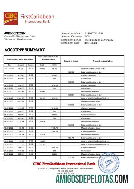 Primeiro modelo realista de extrato bancário internacional do Caribe de São Vicente e Granadinas em formato Excel e PDF